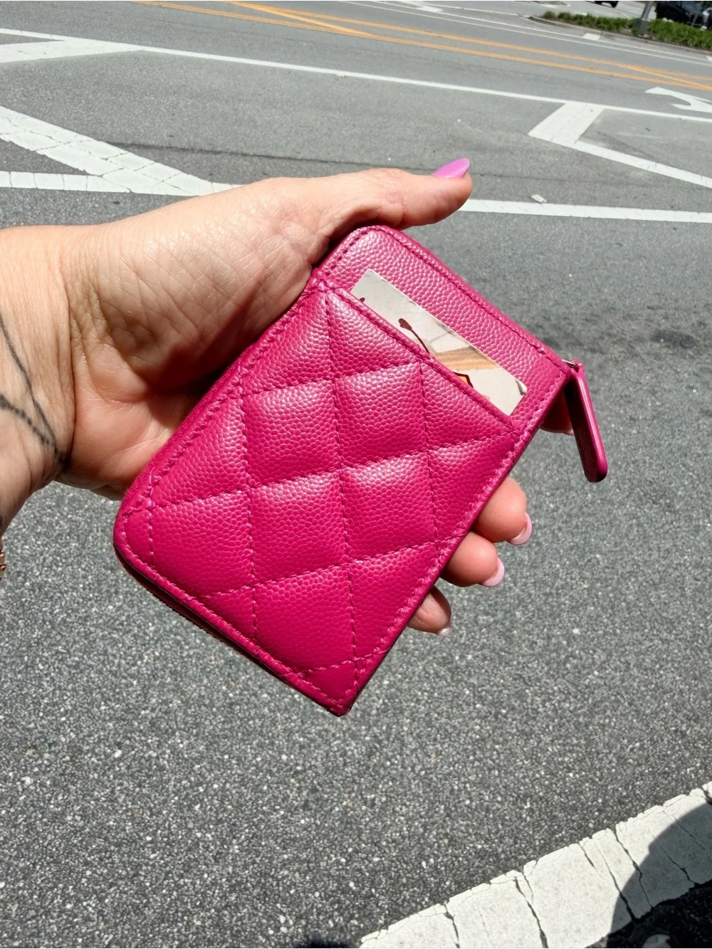 CHANEL Hot Pink Quilted Zip Card Holder